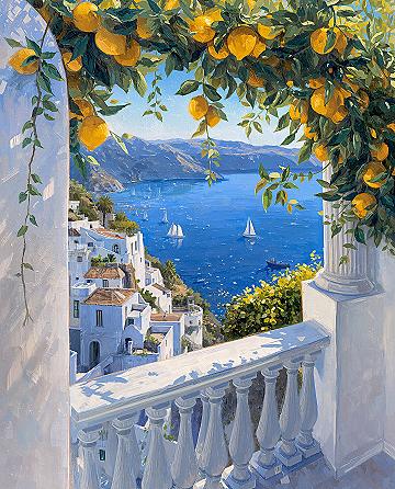 Artistic Italian Lemons: Coastal Town Painting for Your Walls