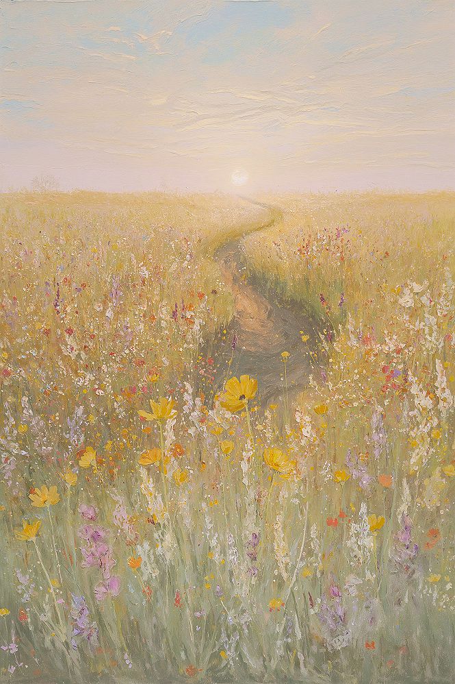 Painterly Sunset Meadow: Enchanting Fantasy Art Landscape Wallpaper