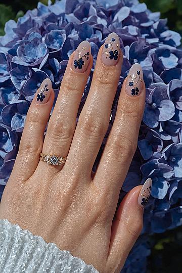 Spring Nude Almond Nails: Blue Floral & Gold Flake Trend