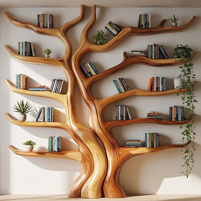 Unique Tree Bookcase: Minimalist Solid Wood Bookshelf