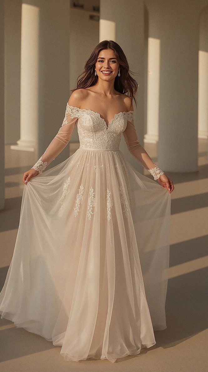 Princess-Style Long Sleeve Wedding Gown with Flower Lace Details
