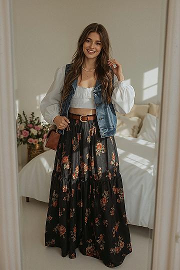 Boho Chic Styles: Whimsical Skirts & Denim Vest Charm