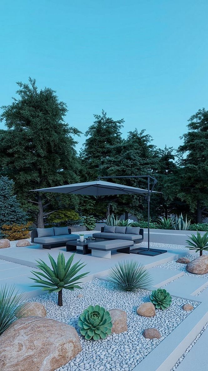 Minimalist Xeriscape Landscaping: Sloped Backyard Retreat with Stone & Concrete