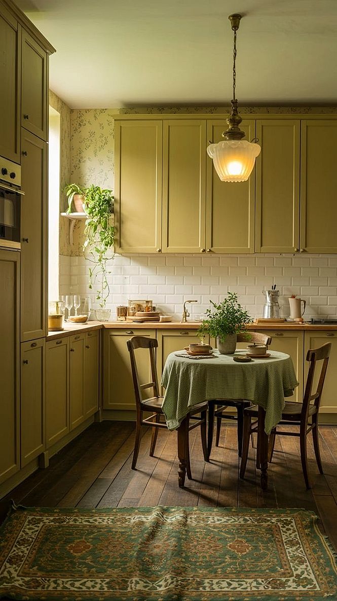 Charming Vintage European Kitchen: Cottagecore Olive Green