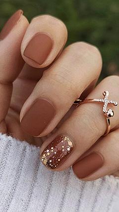Warm Cinnamon Matte Nails with a Confetti Accent