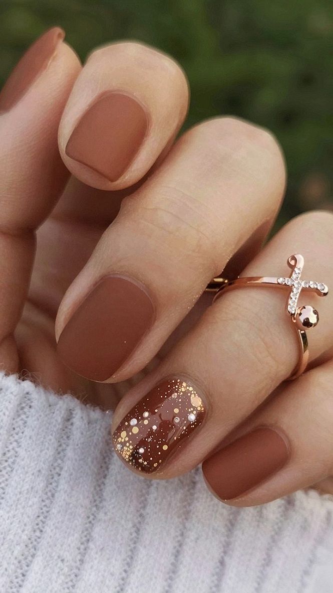 Warm Cinnamon Matte Nails with a Confetti Accent
