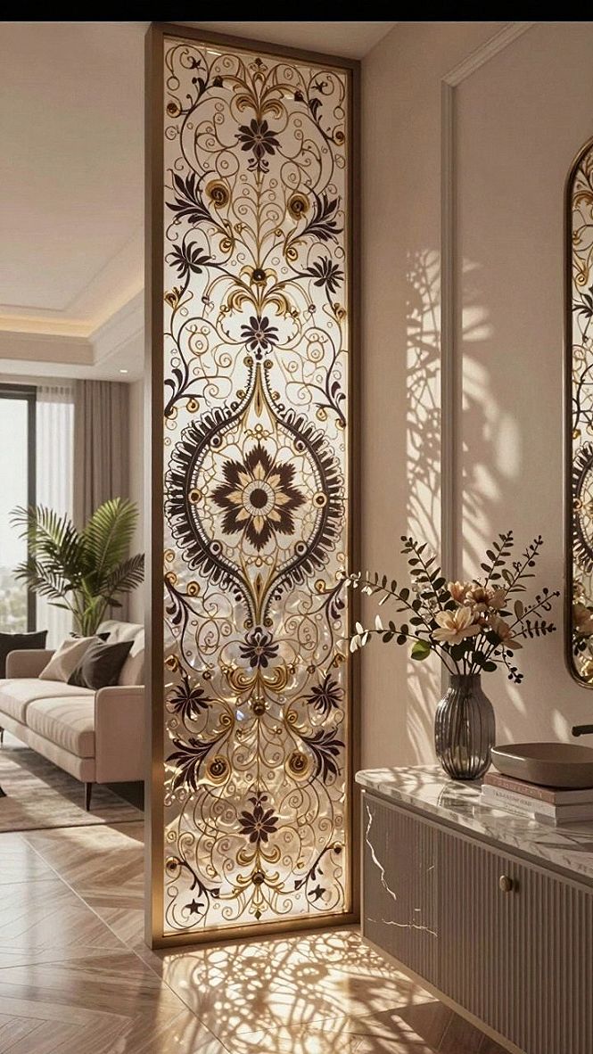 Using Decorative Gold Screens to Divide Bright Living Spaces