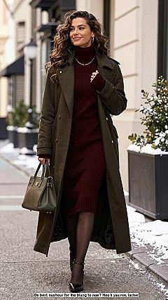 Layering a Burgundy Knit Dress Under an Olive Coat