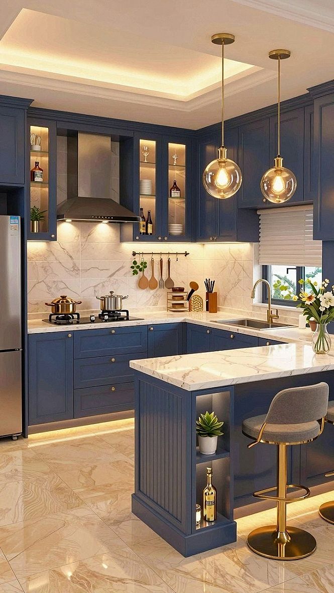 Pairing Blue Cabinets with Warm Brass Accents