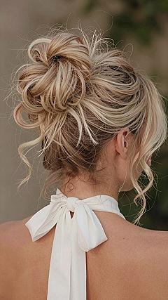 Messy Top Knot With Soft Wisps For Wedding Receptions
