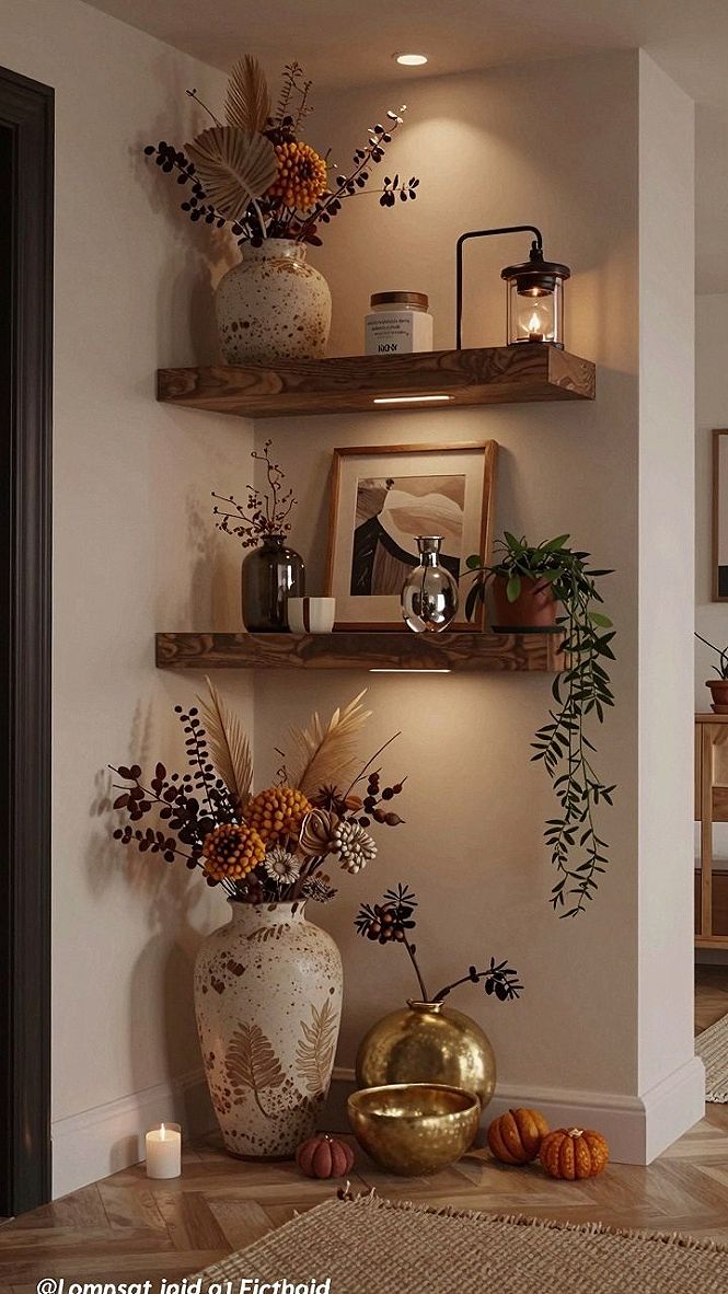 Decorating Fall Shelves And Nooks With Warm Lighting