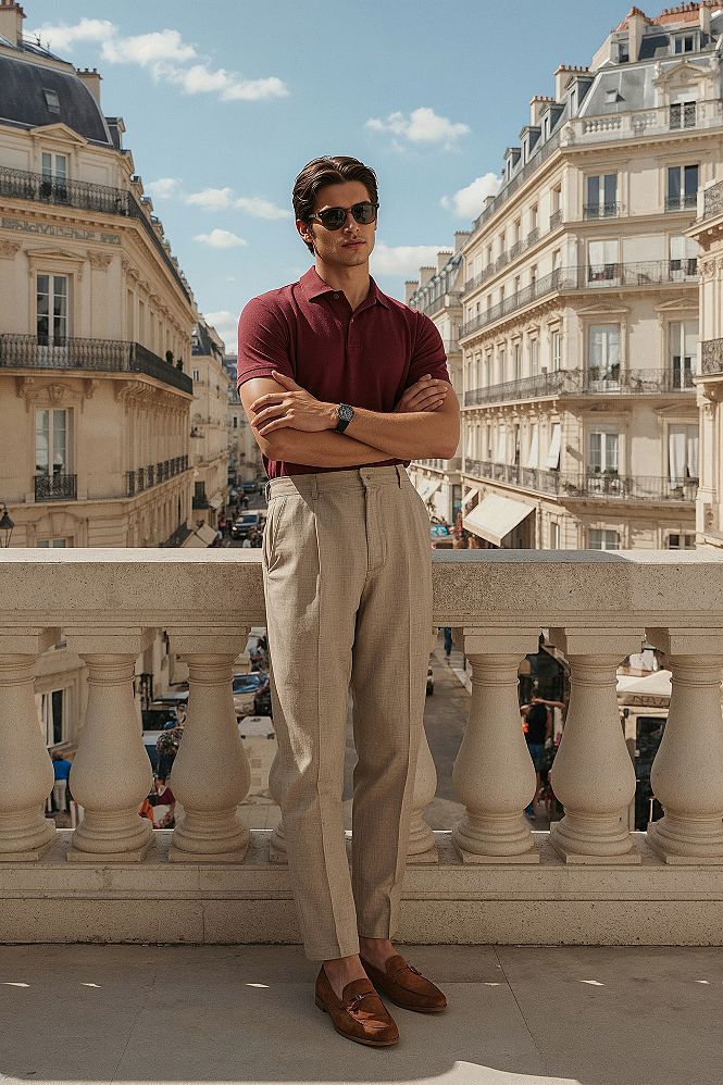 European Chic: Summer Polo Shirt & Beige Trousers Outfit