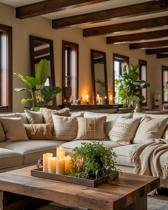 Cozy Rustic Living Room: Neutral Palette & Warm Textures