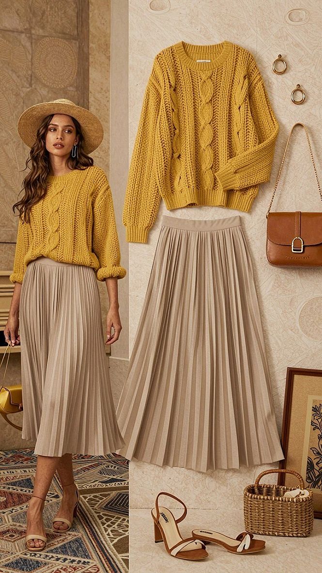 Pairing a Crewneck Olive Green Sweater with a Pleated Skirt