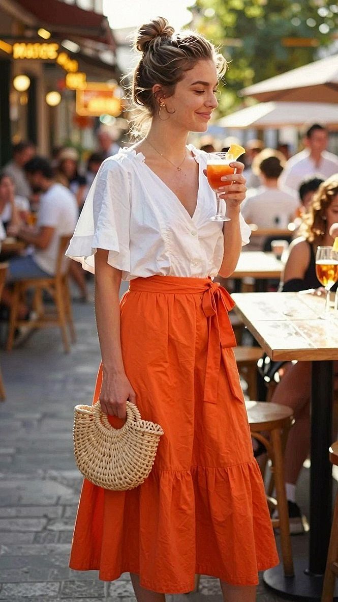 Choosing and Styling a Bright Orange Midi Skirt with Boots