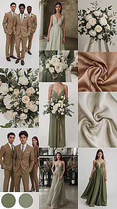 Sage Green & Tan Wedding Theme: Harmonizing Groomsmen & Bridesmaid Styles