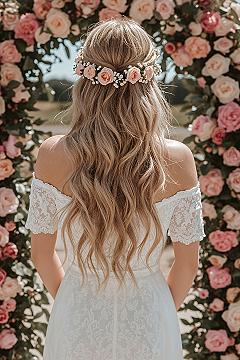 Dreamy Half-Up Wedding Hairstyle with Floral Headpiece