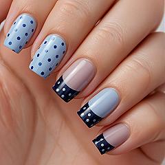 Chic Blue Polka Dot Almond Nails: Modern Sophistication