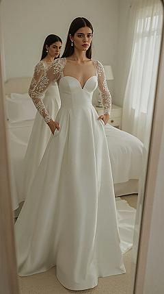 Boho Ball Gown Wedding Dress with Illusion Lace Sleeves