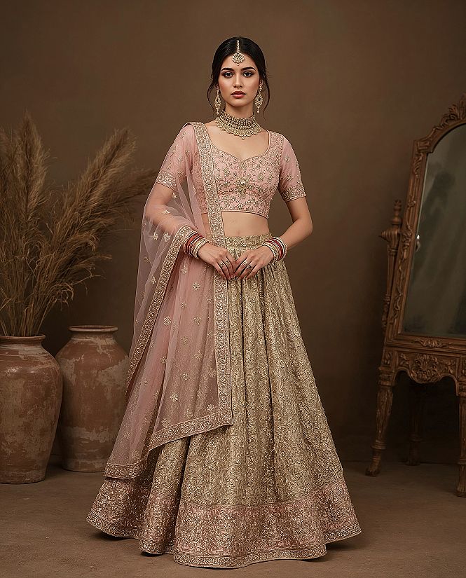 Golden Pink Lehenga: Kanchipuram Bridal & Engagement Saree Ideas