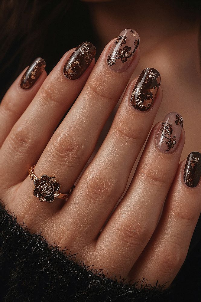 Elegant Autumn Nails: Sophisticated Brown & Gold Tortoiseshell