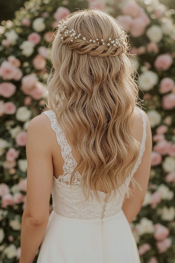Romantic Bridal Waves: Half Up Half Down Wedding Hair with Soft Glam Curls