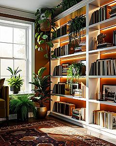 Cozy Library Room Decor with Live Edge Shelves