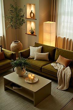 Modern Earthy Living Room: Green Accents & Natural Elements