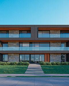 Modern House Facade with Balcony: Glass, Stone, and Wood Fusion