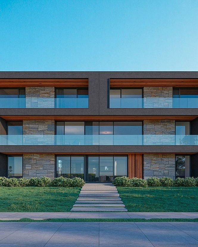 Modern House Facade with Balcony: Glass, Stone, and Wood Fusion