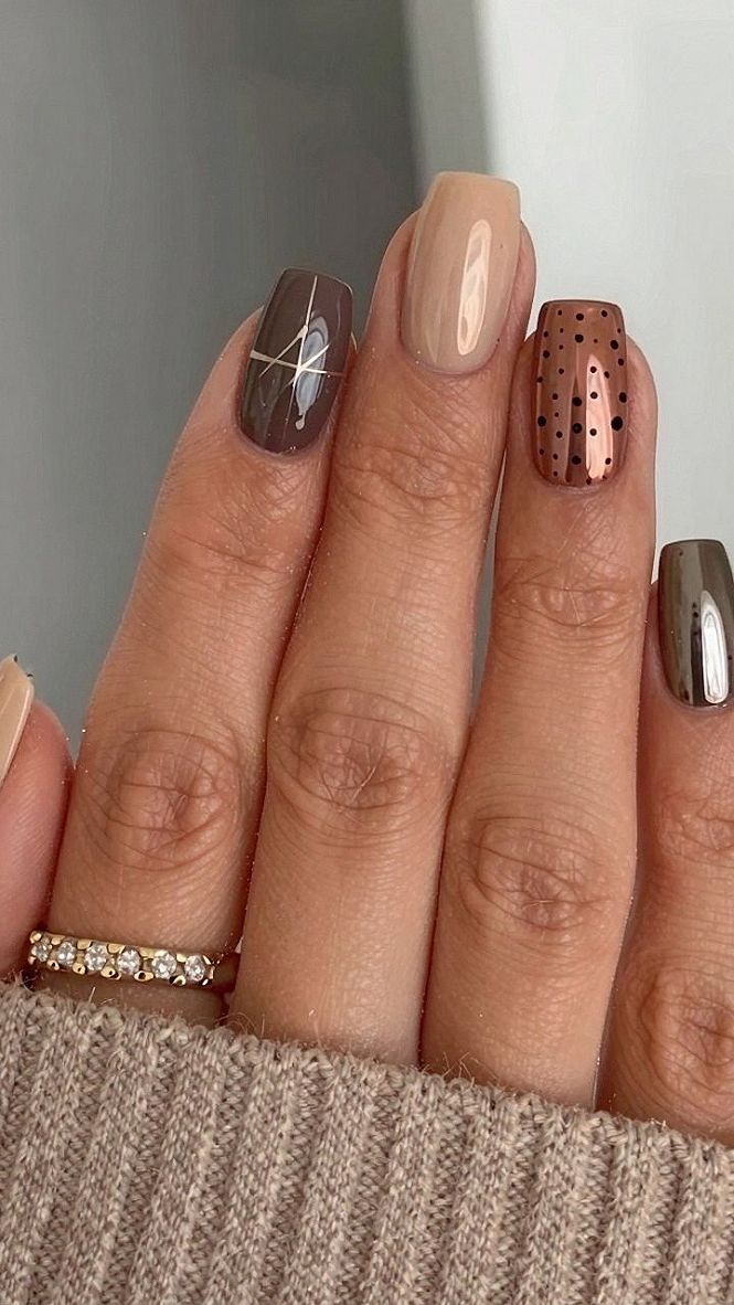 Autumn Neutral Nails with Polka Dots and Metallic Lines