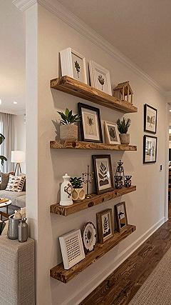 Styling Wall Shelves with Natural Wood and Frames