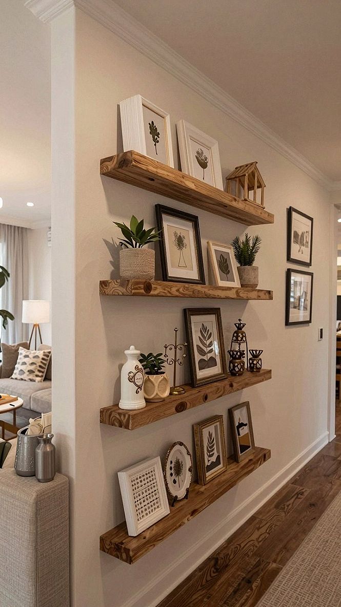Styling Wall Shelves with Natural Wood and Frames