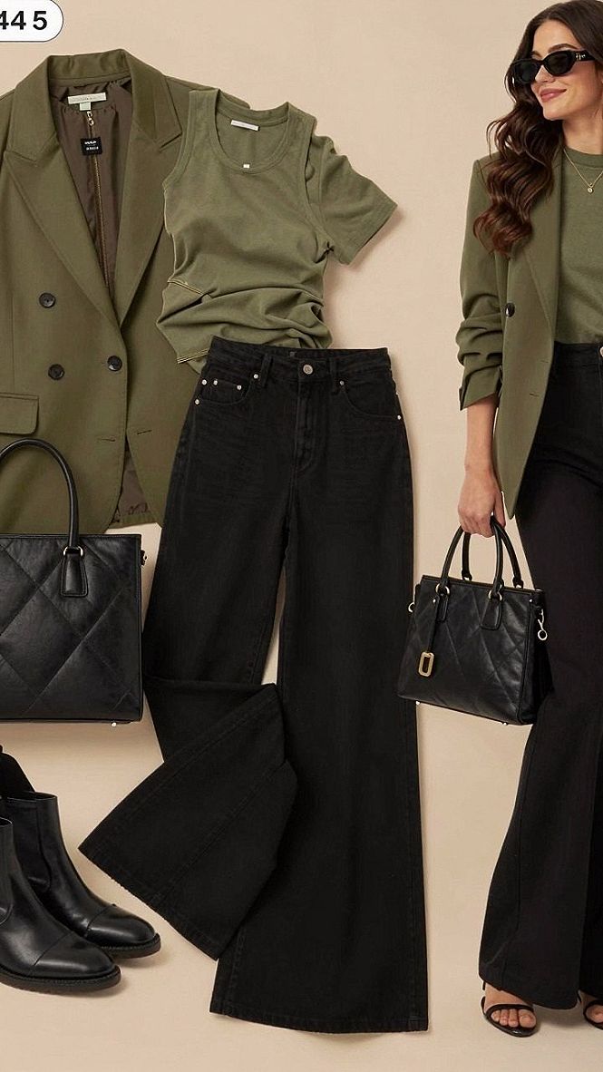 Mixing Olive Green Blazers and Black Denim for Fall Outfits