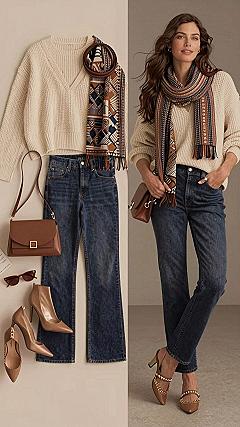 Layering an Olive Green Sweater with a Patterned Scarf and Denim