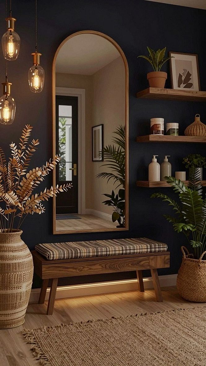 Maintaining Clean Lines With Arched Mirrors and Hanging Pendant Lights