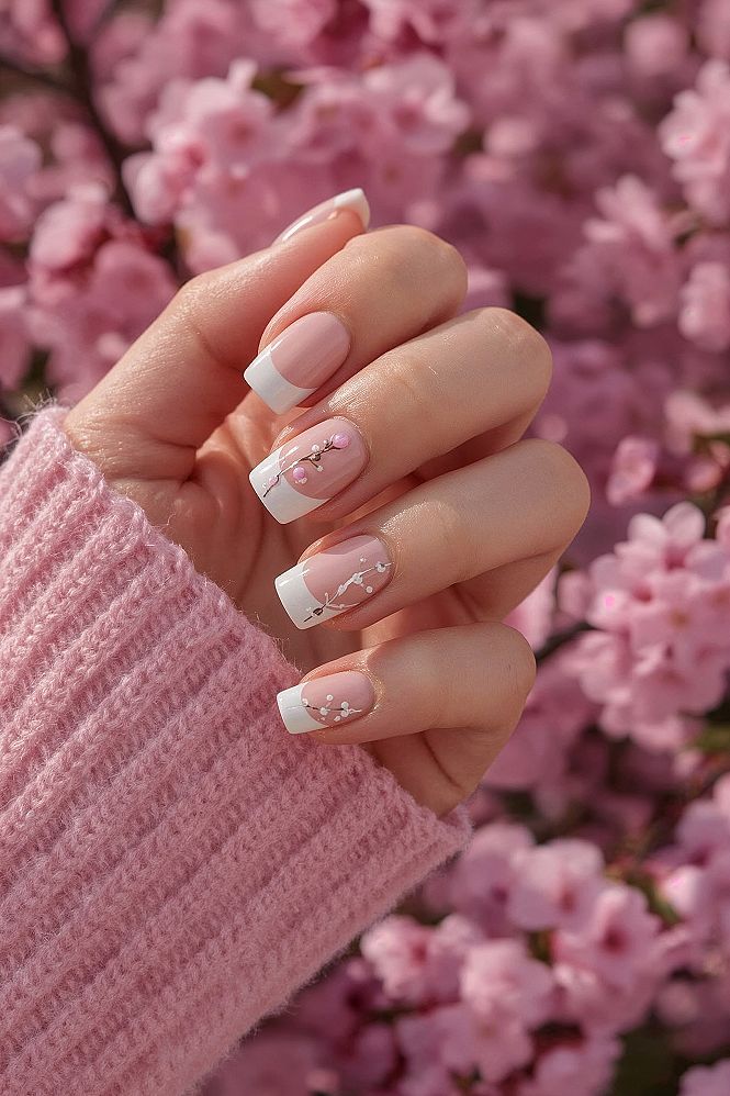 Romantic Cherry Blossom Nails: Soft Pink French Tip Spring Trend