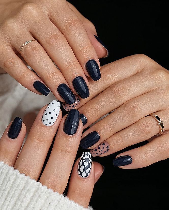 Top Navy Blue & White Polka Dot Nails with Bow Accents