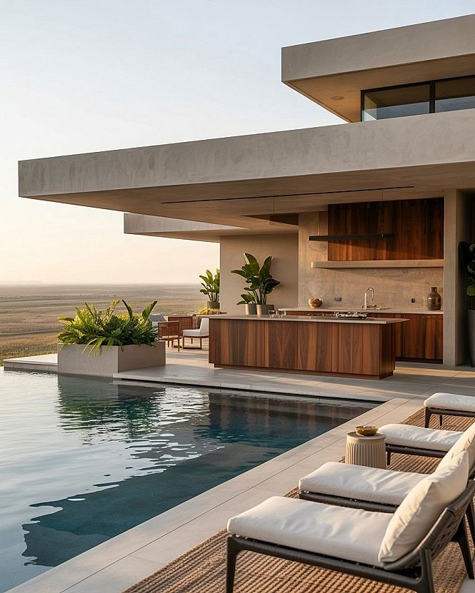 Desert Oasis Luxury: Modern Poolside Architecture with Sunset Views