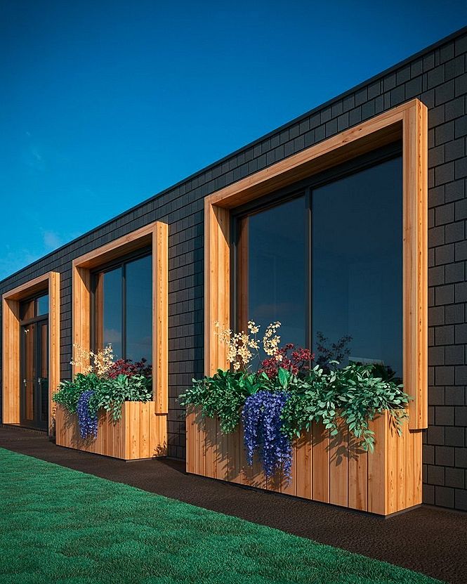 Modern Black House Exterior with Cedar Accents & Planter Boxes