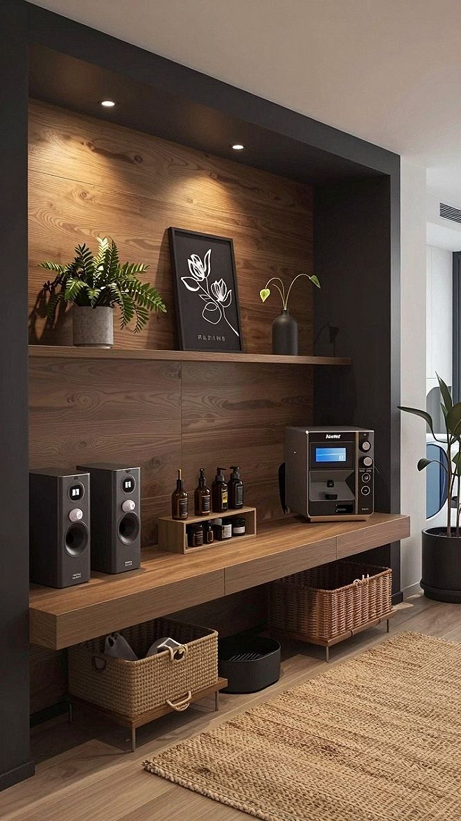 Creating Warmth with Built-In Wooden Shelves and Soft Accent Lighting