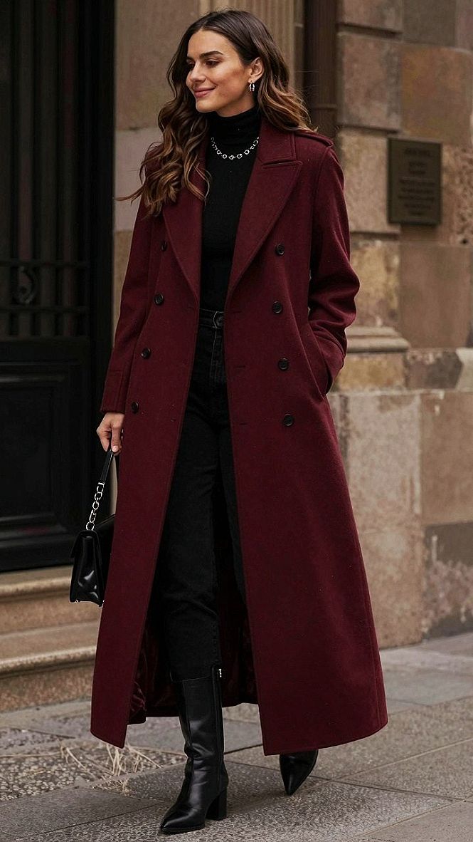 Pairing a Long Burgundy Coat with Black Boots and Denim