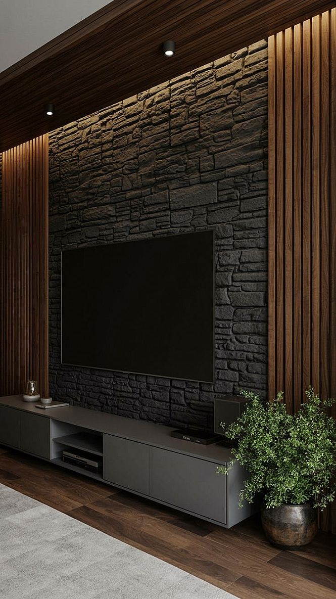 Modern Living Room TV Walls: Stone & Wood Panel Perfection