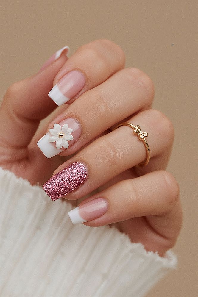 Elegant Pink & White Floral Square Nails for Summer Bliss