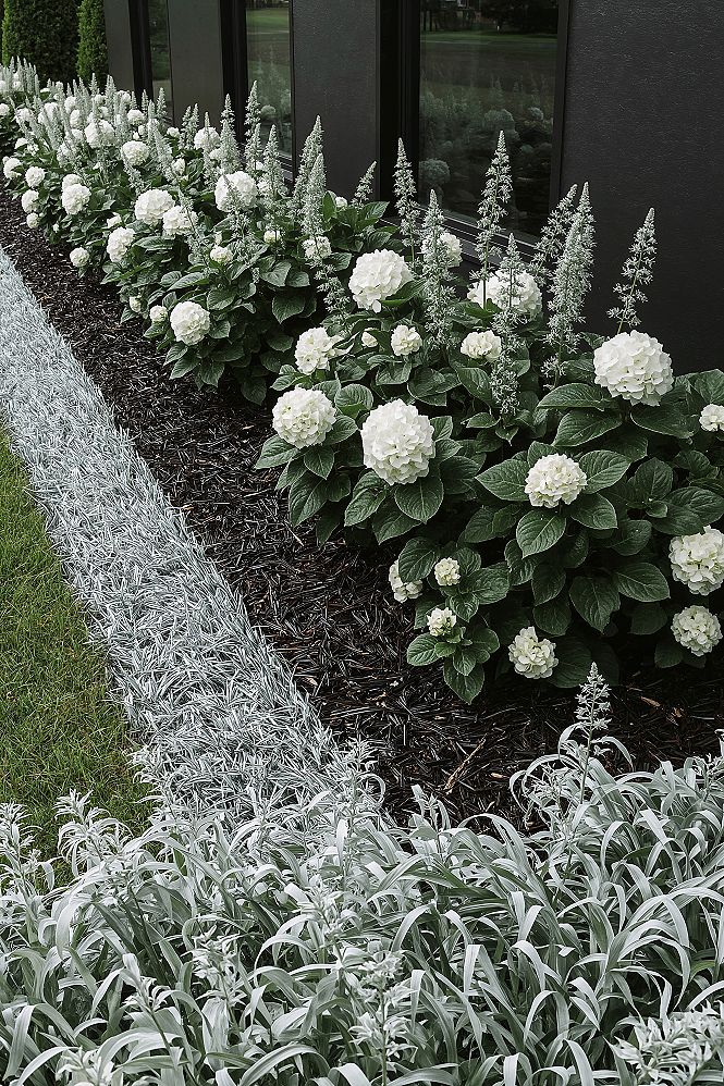 Silver & White Modern Front Yard Garden Design