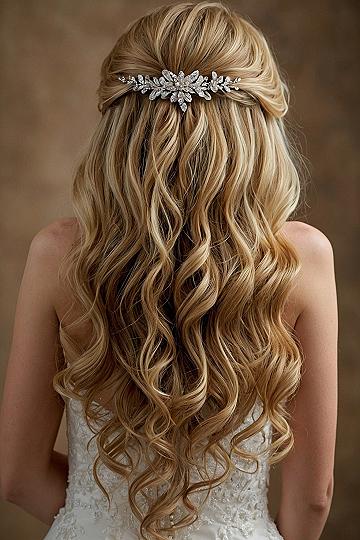 Half Up Wedding Hairstyle With A Crystal Hair Clip
