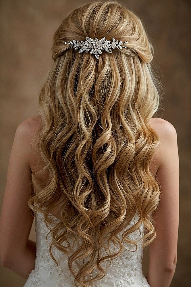 Half Up Wedding Hairstyle With A Crystal Hair Clip