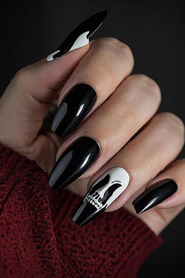 Creating Classic Black Almond Nails With Ghostly Scream Accents