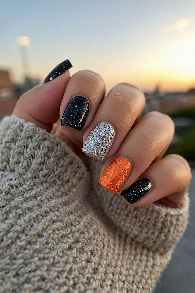 Glitter Night Sky And Orange Accent Nails