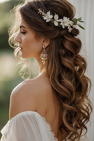 Half Up Half Down Boho Wedding Hairstyle With Fresh Florals